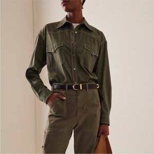 TWP Dutton Oversized Stretch Cotton Poplin Western Shirt  Olive